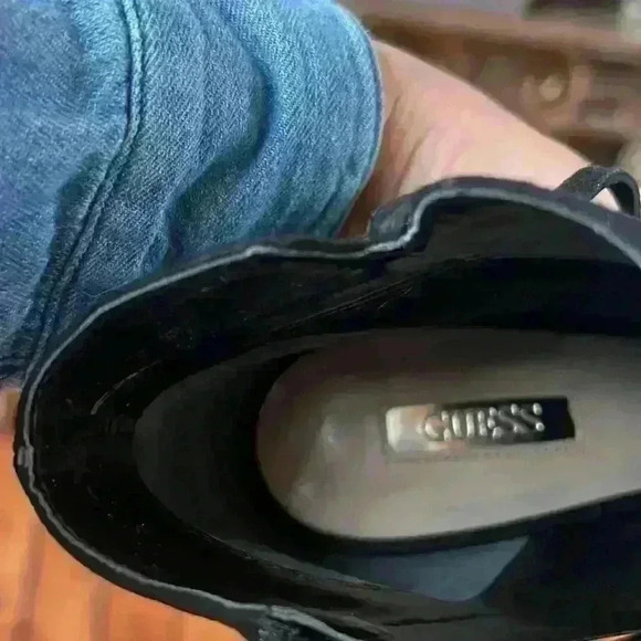 Guess Women's Black Aziz Suede Peep Toe with Fringe & Chain accent Bootie chic - Picture 5 of 6